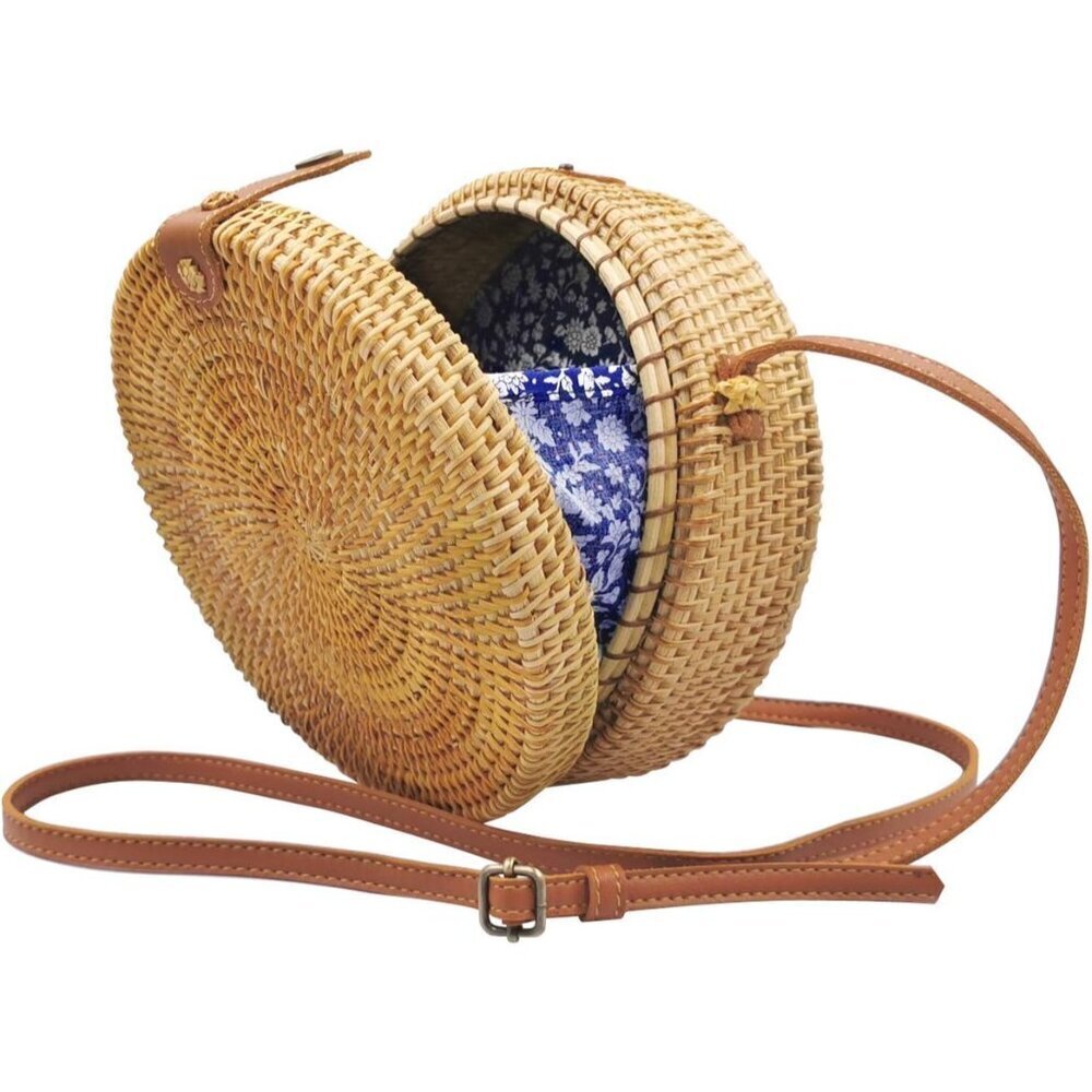 Handwoven Rattan Bag for Women Adjustable Leather Straps Bali Straw Bag
